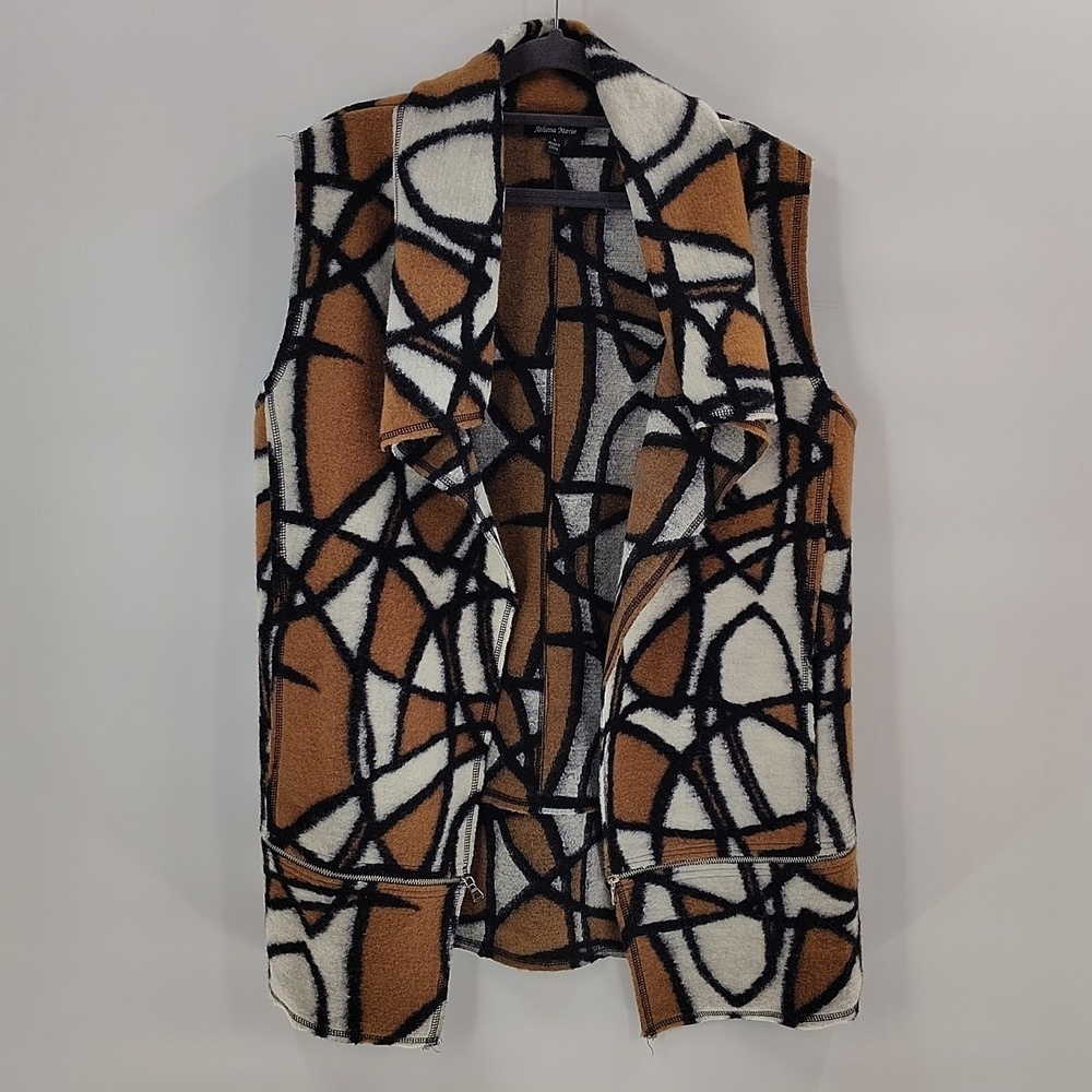 Athena Marie Women's Brown White Large Sleeveless No Button Cardigan Sweater Top